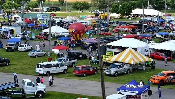 The Canfield Fairgrounds packed with show cars, tents and spectators