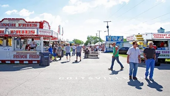 Food stands and visitors along the fairgrounds midway