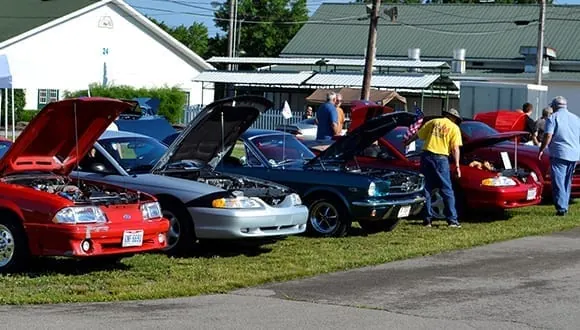 Muscle cars with hoods open on the grass